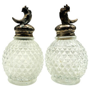 Vintage Cut Glass Singing Birds Salt and Pepper Shakers Set Diamond Art Nouveau